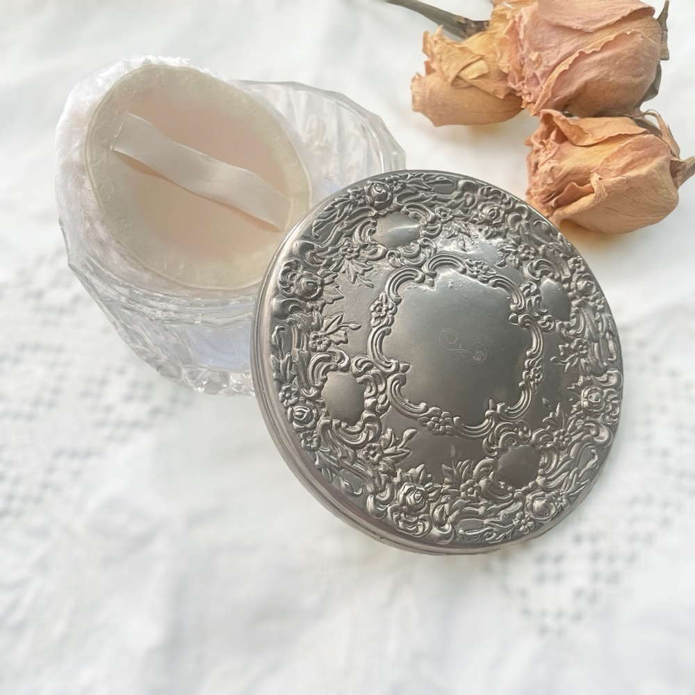 Vintage Silver Loose Powder Jar with Powder Puff Trinket Box with Mirror